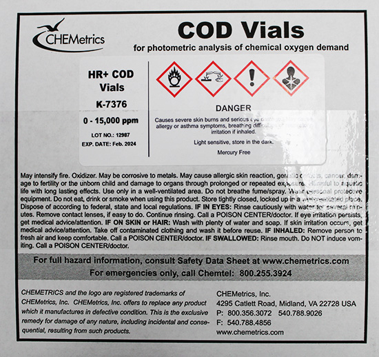 COD-7376, COD Vials, Mercury-Free, 0-15000 ppm, 300 ppm MDL - PK(98/pk)